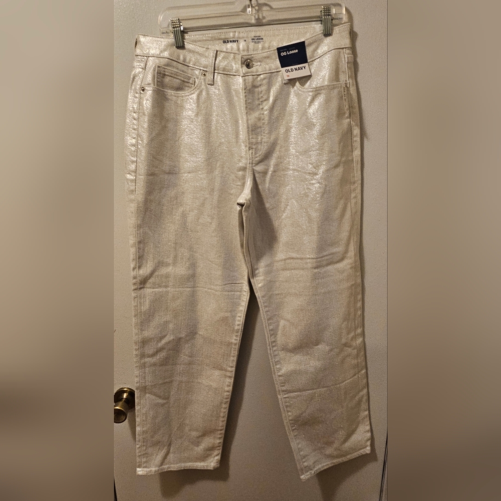 Old Navy OG Loose High Rise‎ Silver Metallic Straight Jeans Women's Size 12 NWT
